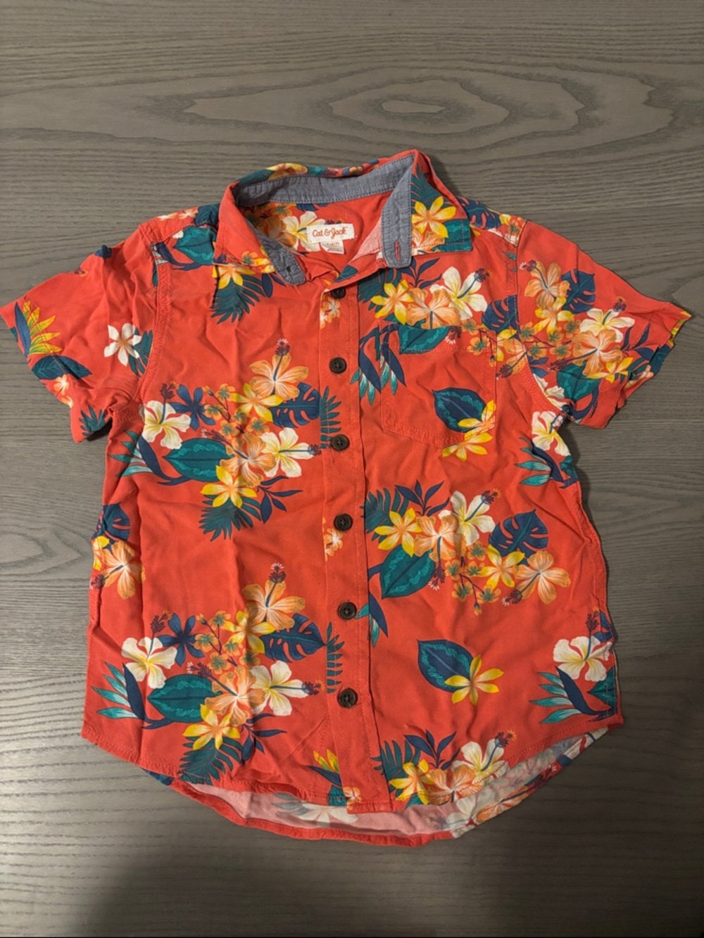Cat & Jack Coral-Orange Tropical Floral Short-Sleeve Button-Up Shirt - Kids